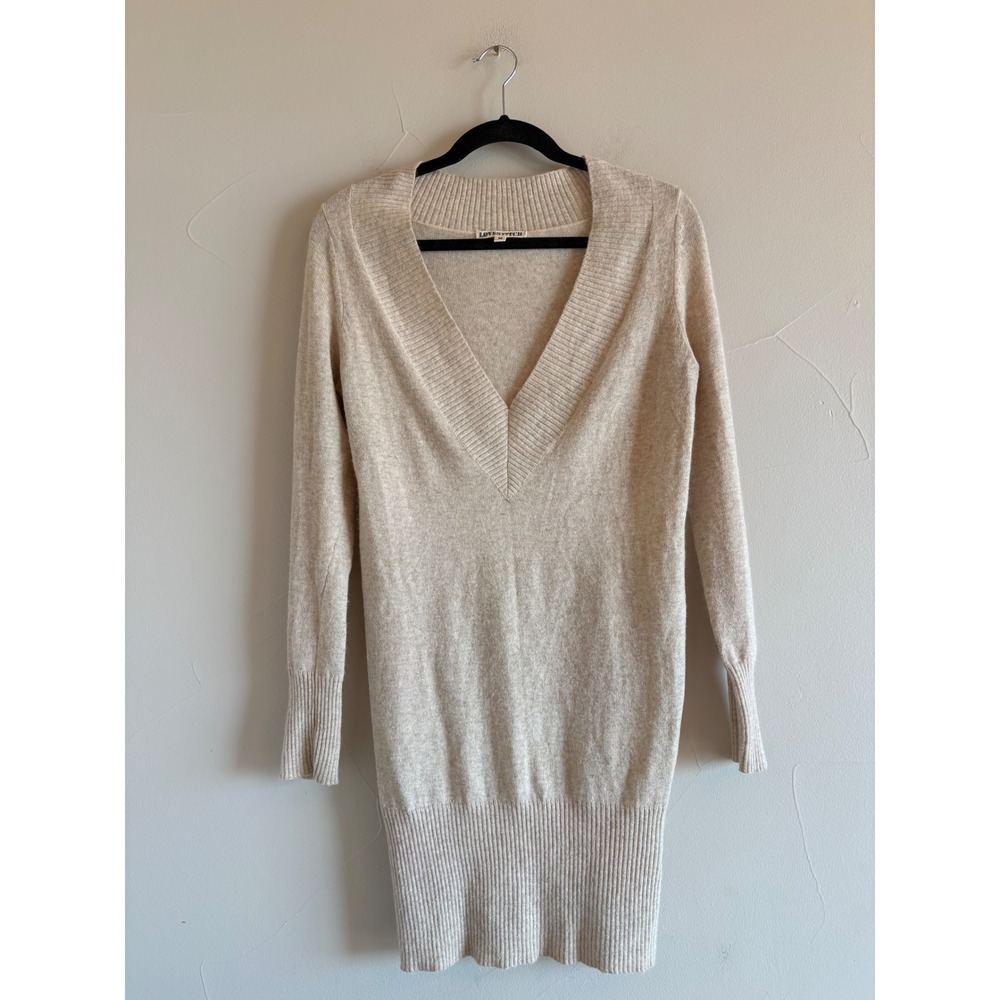Lovestitch Womens Deep V Neck Long Sleeve Ribbed Knit Sweater Dress Beige Medium